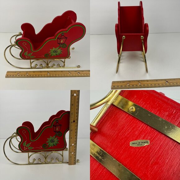 Vtg Christmas Holiday Santa Sleigh Sled Wood Metal Gold Legs Skis Red Green READ - Picture 3 of 11